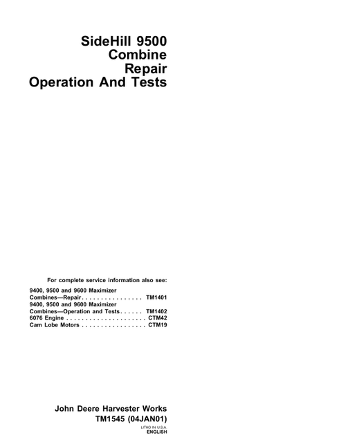 John Deere Sidehill 9500 Combine Diagnostic & Repair Test Manual TM1545