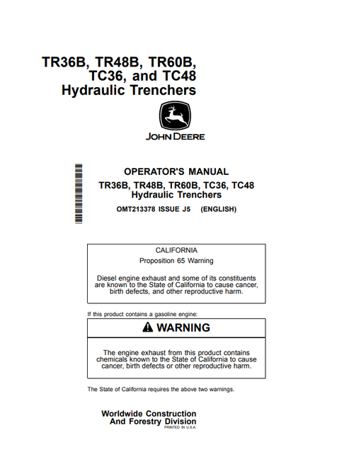 John Deere TR36B TR48B TR60B TC36 TC48 Trencher Manual PDF