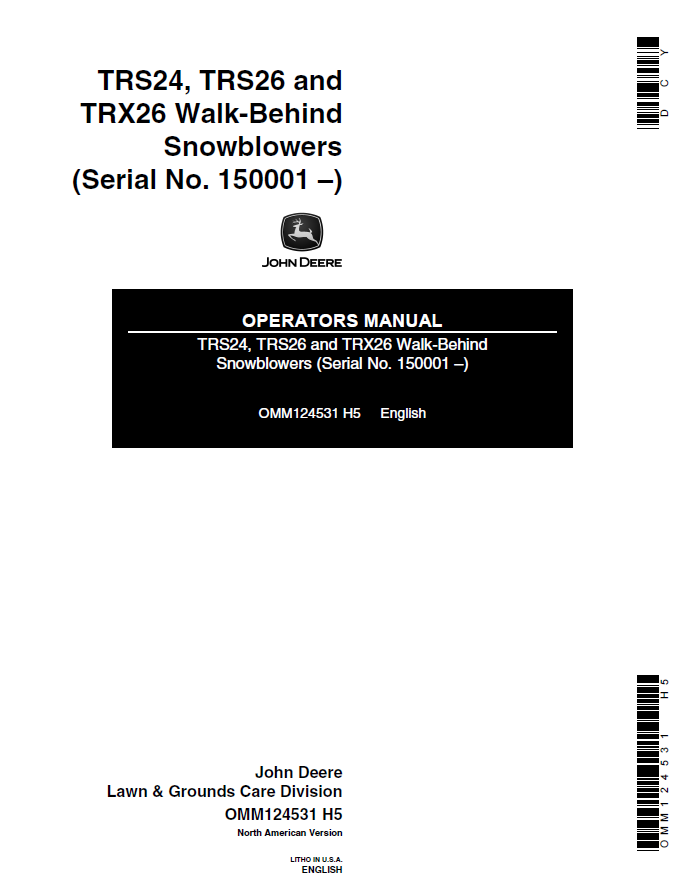 John Deere TRS24, TRS26 and TRX26 Walk-Behind Snowblowers Operator Manual OMM124531 PDF
