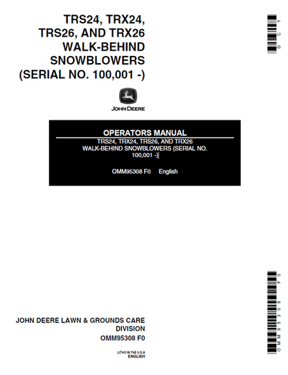 John Deere TRS24 TRX24 TRS26 TRX26 Snowblower Operator Manual