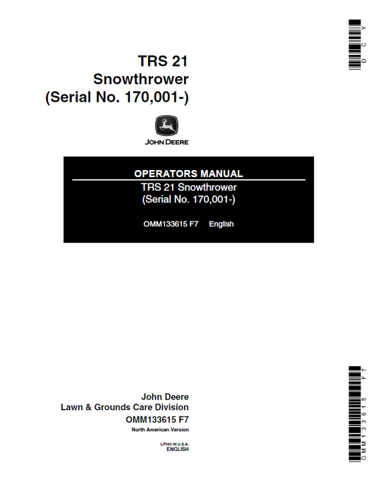 John Deere TRS 21 Snowthrower Operator Manual OMM133615 PDF