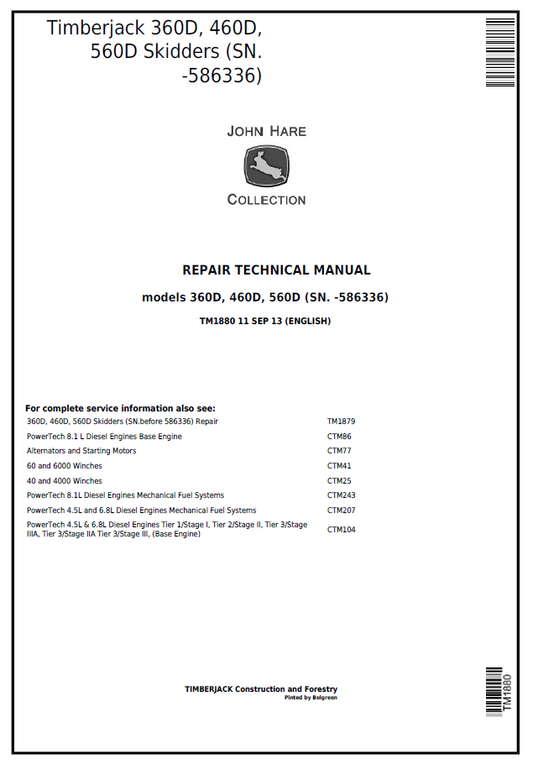 John Deere Timber jack 360D,460D,560D Skidders Repair Technical Manual TM1880 PDF