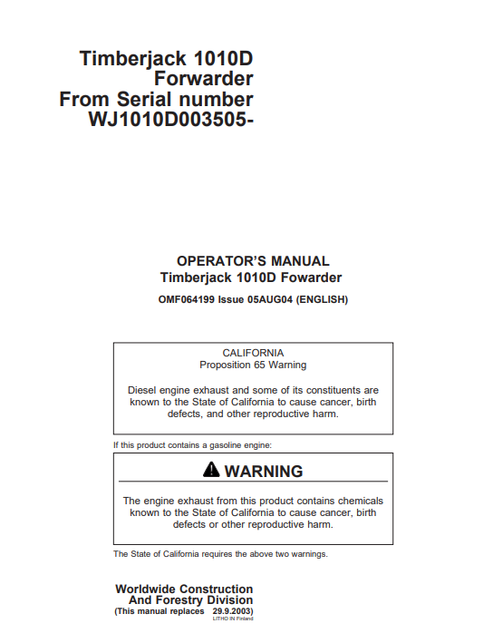 John Deere Timberjack 1010B Forwarder Operator Manual OMF064199