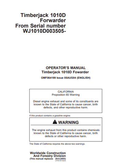 John Deere Timberjack 1010B Forwarder Operator Manual OMF064199