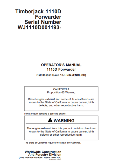 John Deere Timberjack 1110D Forwarder Operator Manual OMF065859