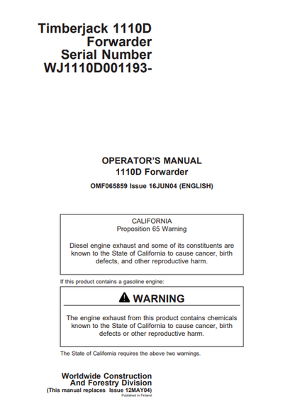 John Deere Timberjack 1110D Forwarder Operator Manual OMF065859