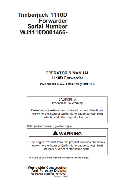 John Deere Timberjack 1110D Forwarder Operator Manual OMF067081