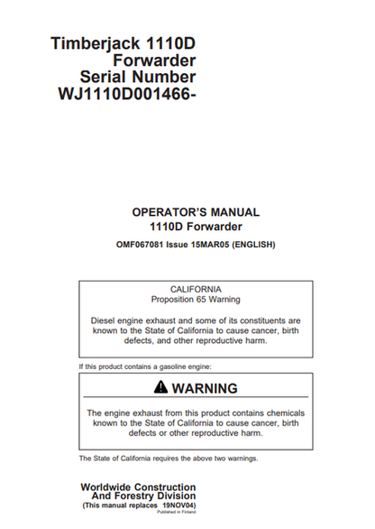 John Deere Timberjack 1110D Forwarder Operator Manual OMF067081