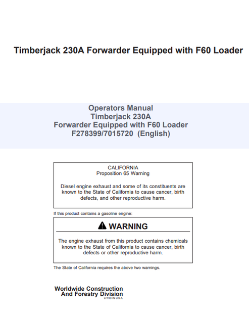 John Deere Timberjack 230A Forwarder F60 Loader Operator Manual 7015720