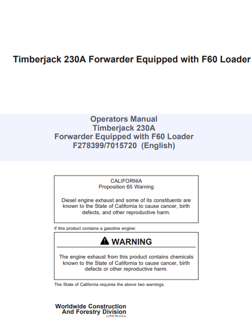 John Deere Timberjack 230A Forwarder F60 Loader Operator Manual F278399