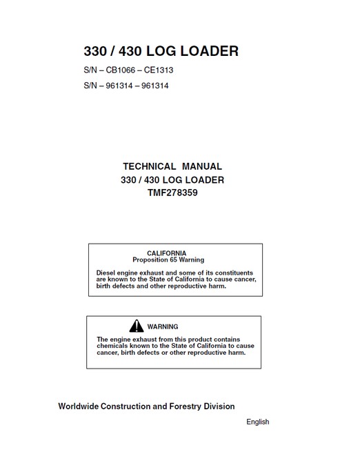 John Deere Timberjack 330 & 430 Log Loader Manual TMF278359