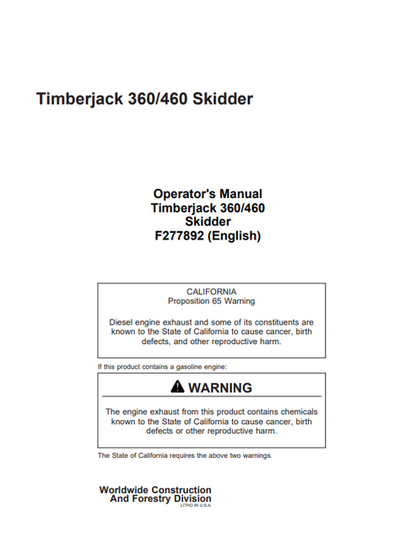 John Deere Timberjack 360 460 Skidder Operator Manual