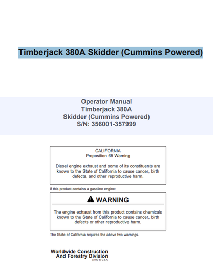 John Deere Timberjack 380A Skidder Cummins Operator Manual 8044811