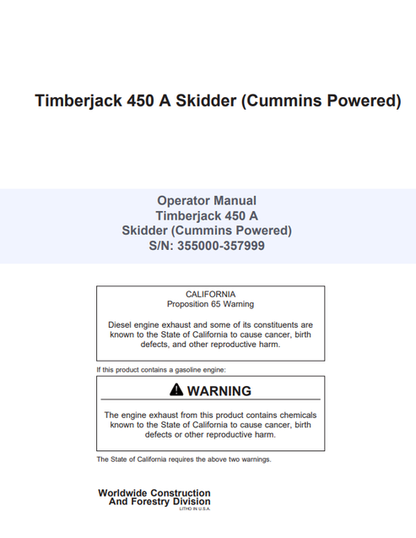 John Deere Timberjack 450A Cummins Skidder Operator Manual 8044610