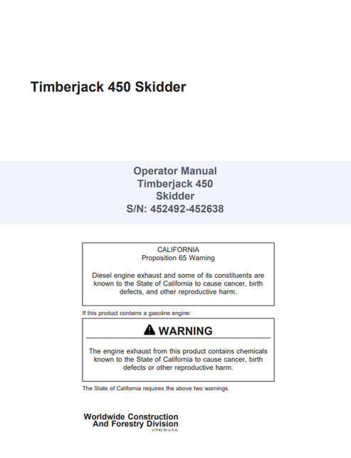 John Deere Timberjack 450 Skidder Operator Manual 8044710