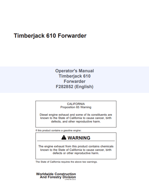 John Deere Timberjack 610 Forwarder Operator Manual