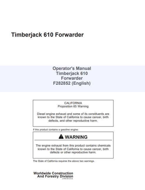 John Deere Timberjack 610 Forwarder Operator Manual F282852
