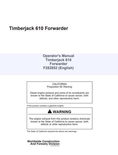 John Deere Timberjack 610 Forwarder Operator Manual F282852