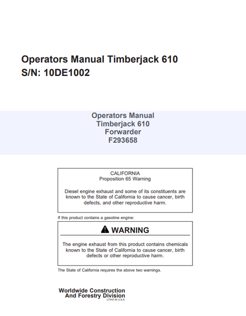 John Deere Timberjack 610 Forwarder Operator Manual F293658