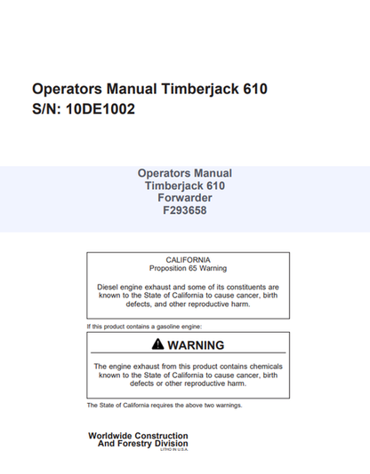 John Deere Timberjack 610 Forwarder Operator Manual F293658