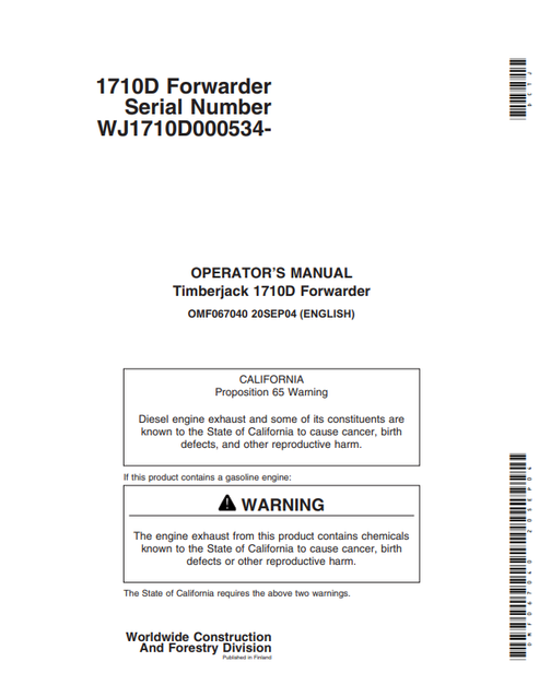John Deere Timberjack 710D Forwarder Operator Manual OMF067040