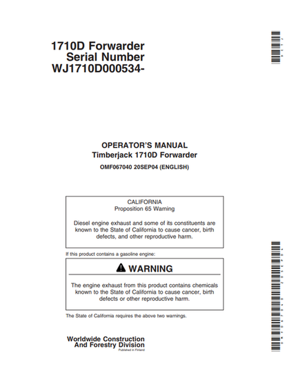 John Deere Timberjack 710D Forwarder Operator Manual OMF067040