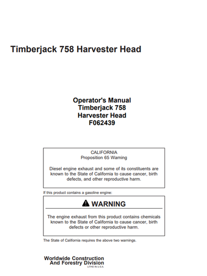 John Deere Timberjack 758 Harvester Head Operator Manual F062439