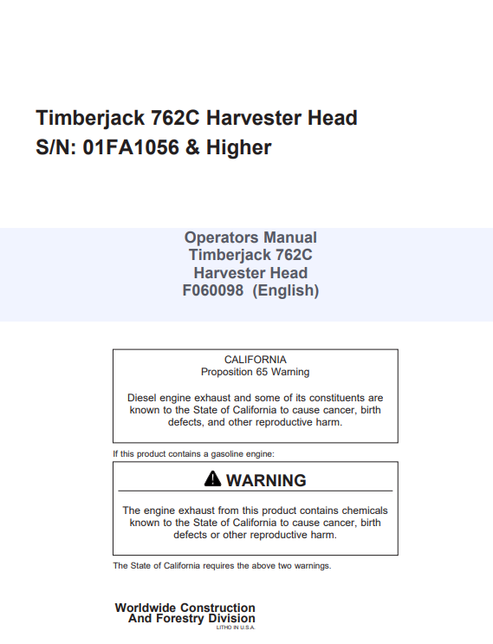 John Deere Timberjack 762C Harvester Head Operator Manual F060098