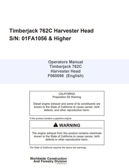 John Deere Timberjack 762C Harvester Head Operator Manual F060098