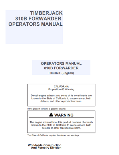 John Deere Timberjack 810B Forwarder Operator Manual F035823