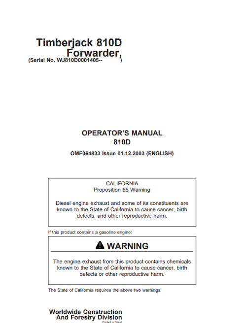 John Deere Timberjack 810D Forwarder Operator Manual OMF064833