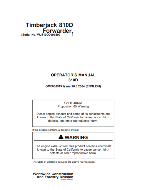 John Deere Timberjack 810D Forwarder Operator Manual OMF066519