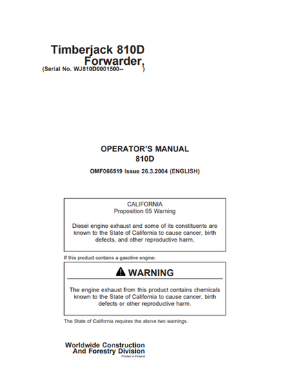 John Deere Timberjack 810D Forwarder Operator Manual OMF066519