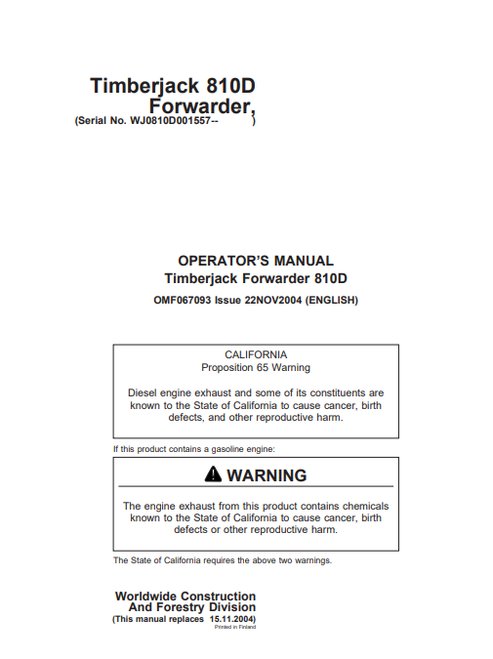John Deere Timberjack 810D Forwarder Operator Manual OMF067093
