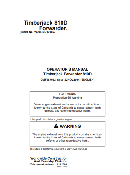 John Deere Timberjack 810D Forwarder Operator Manual OMF067093