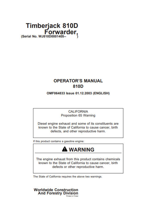 John Deere Timberjack 810D Forwarder Operator Manual OMF064833
