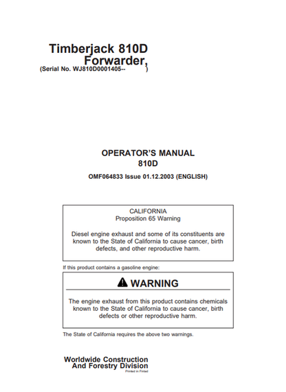 John Deere Timberjack 810D Forwarder Operator Manual OMF064833
