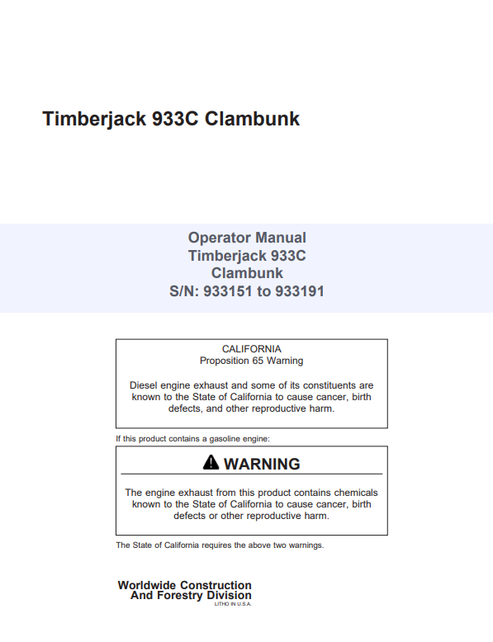 John Deere Timberjack 933C Clambunk Operator Manual