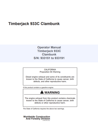 John Deere Timberjack 933C Clambunk Operator Manual