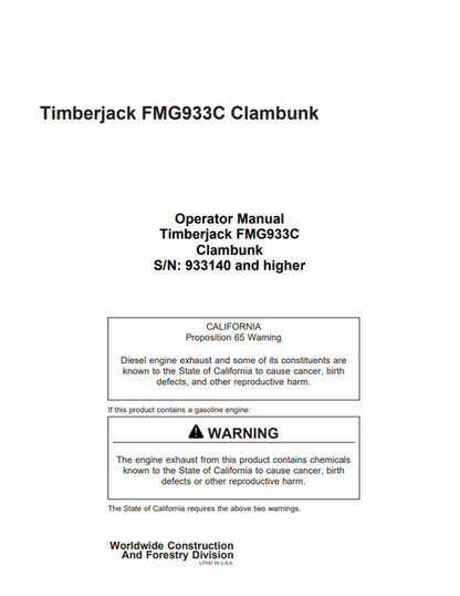 John Deere Timberjack FMG933C Clambunk Operator Manual 933140