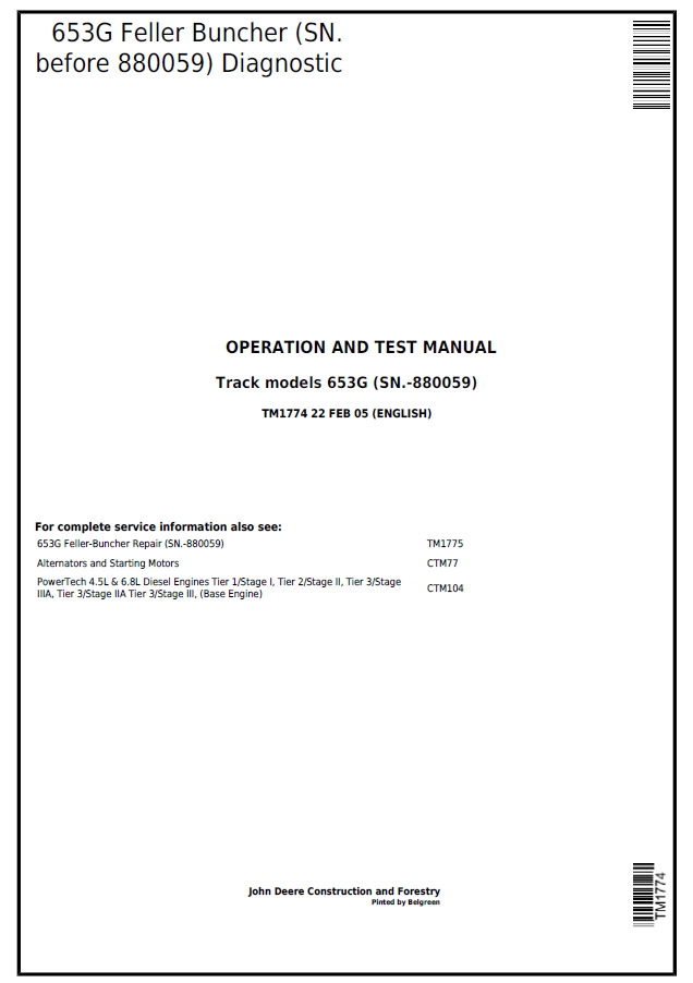 John Deere Track model 653G Diagnostic Operation and Test Technical Manual TM1774 PDF