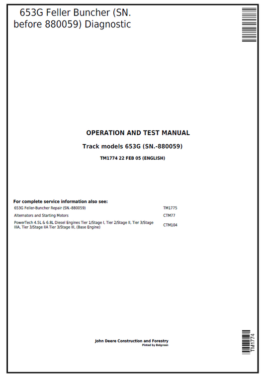 John Deere Track model 653G Diagnostic Operation and Test Technical Manual TM1774 PDF