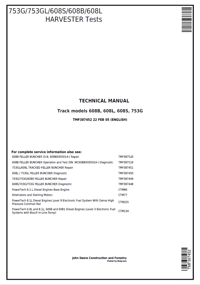 John Deere Track models 608B, 608L, 608S, 753G Technical Manual TMF387452 PDF