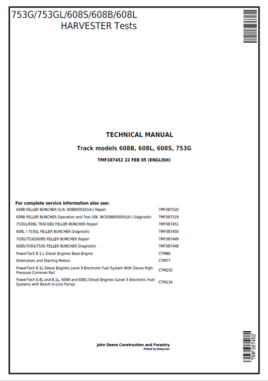 John Deere Track models 608B, 608L, 608S, 753G Technical Manual TMF387452 PDF