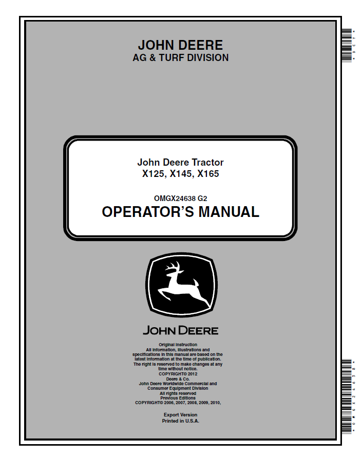 John Deere Tractor X125, X145, X165 Operator Manual OMGX24638 PDF 