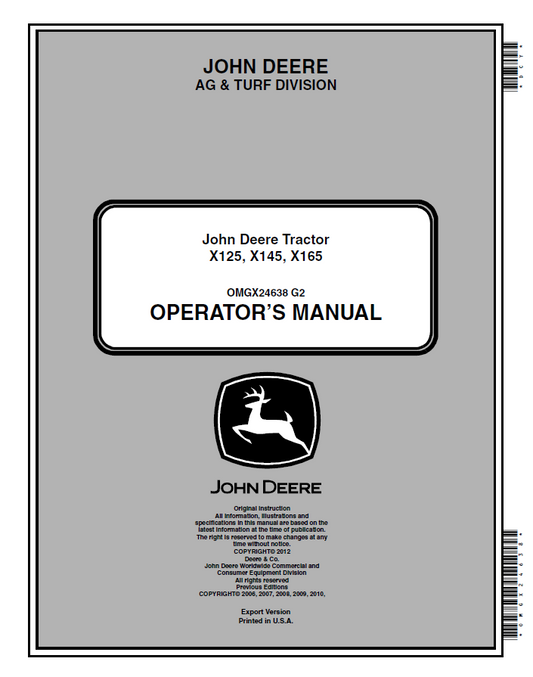 John Deere Tractor X125, X145, X165 Operator Manual OMGX24638 PDF 