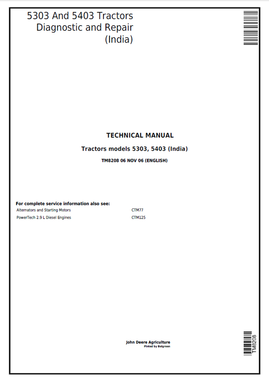 John Deere Tractors models 5303, 5403 Technical Manual TM8208 PDF