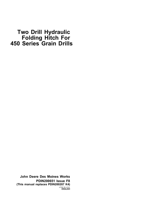 John Deere Two Drill 450 Series Hydraulic Folding Hitch Manual PDIN200651