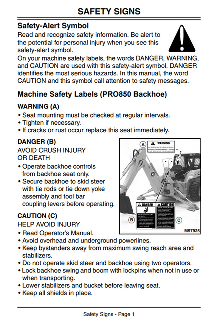 John Deere Utility Backhoe PRO850 PRO900 PRO911 Manual PDF