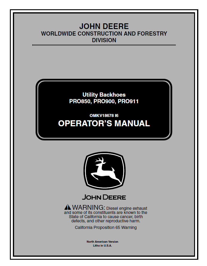 John Deere Utility Backhoes PRO850, PRO900, PRO911 Operator Manual OMKV18678 PDF 